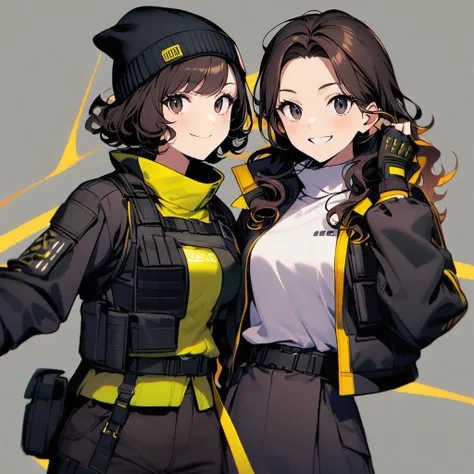 (well done:1) woman, short dark brown curly hair, black beanie, black eyes, black clothes with yellow details, white sweatshirt jacket over top, tactical boots, fingerless gloves, yellow tips in the hair.