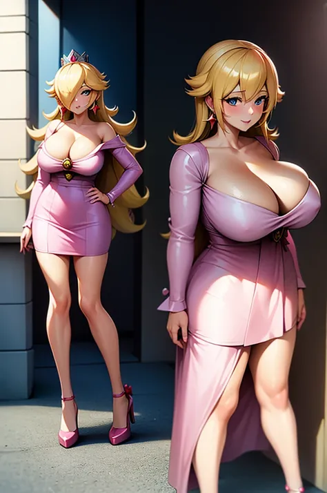 Princess Peach, huge breasts, anime style, cleavage, sexy dress 