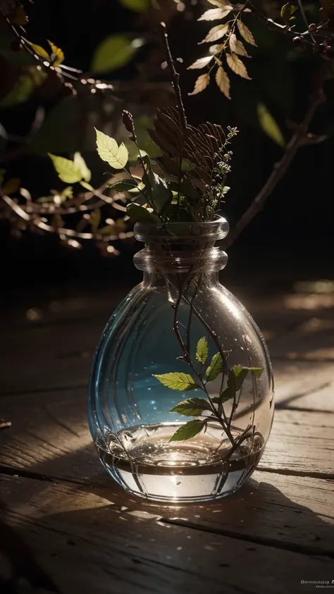 A dreamers art tree in a bottle, cuddly, realisitic, photographic, canon, dreamers, artistic, splendid leaves and branches with flowers above the head. Realismo photographic ultra detalhado de Greg Rutkowski - H1024W 804 | F16 2 Lens Markers:2 film particl...