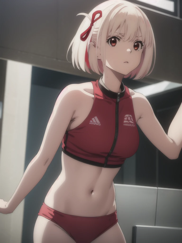 chisatonishikigi, nishikigi chisato, short hair, bangs, blonde hair, (red eyes:1.5), hair ribbon, one side up, bob cut,
BREAK navel, bare shoulders, thighs, stomach, crop top, buruma, sportswear, zipper pull tab, red buruma, sports bikini,
BREAK outdoors, ...