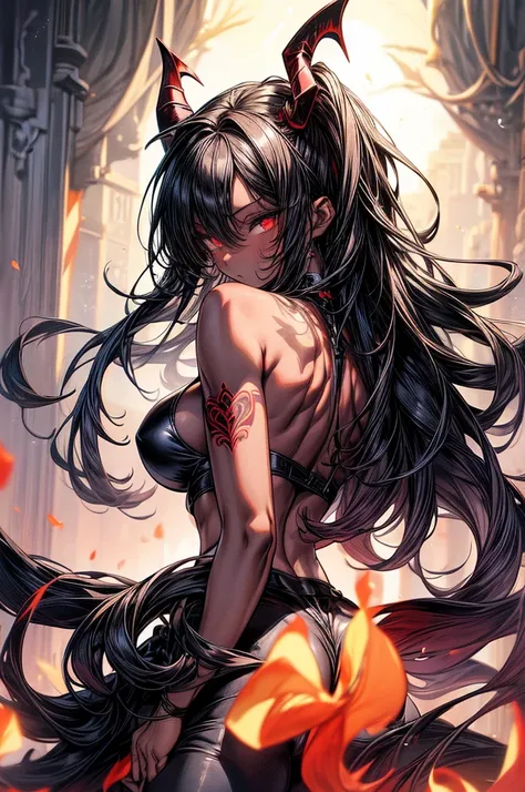 masterpiece, super detailed, high resolution, precision art, highly seductive anime girl. sexy and alluring, flawless dark red demonic skin, succubus, symmetrical face, beautiful olive eyes, flowing black hair, her very presence oozes seduction and allure,...