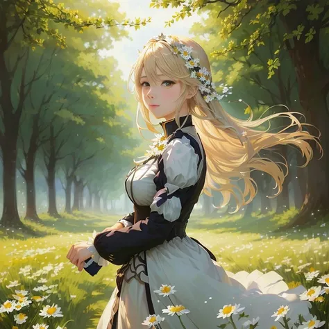 anime girl in a field of daisies with trees in the background, violet evergarden, a maid in a magical forest, blonde anime girl with long hair, beautiful anime portrait, guweiz on pixiv artstation, artwork in the style of guweiz, rin, artoria pendragon, be...