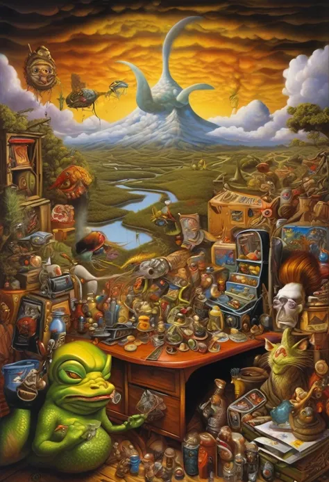 Art combination of Todd Schorr and Baros remedies, strange world of many trinkets and trinkets Style Esao Andrews and Adam Varga, absurd landscape of amazing Punkcalypse, sad effect