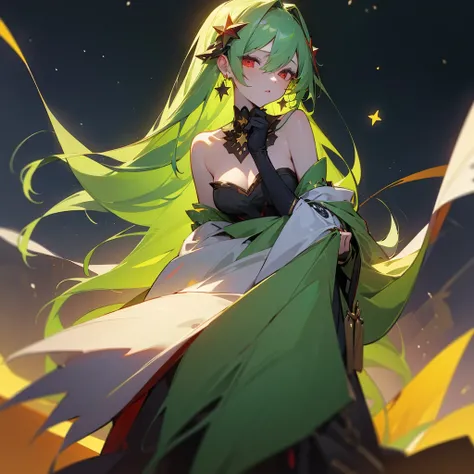 (masterpiece, best quality:1.2),solo,1girl,averting_eyes,earrings,hair_between_eyes,hair_ornament,jewelry,long_hair, earrings, Green_Hair, Red_Eyes, Pretty_Girl, Stars, full_body.