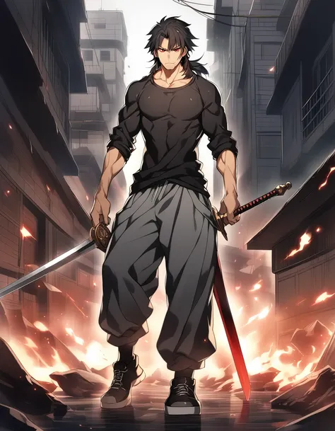 An anime man, short black hair, mid-length mullet haircut, red eyes, wearing gray baggy pants, tight black t-shirt, black shoes, black jacket. standing, full body, adult, slightly muscular body, chaotic scene, holding a great sword