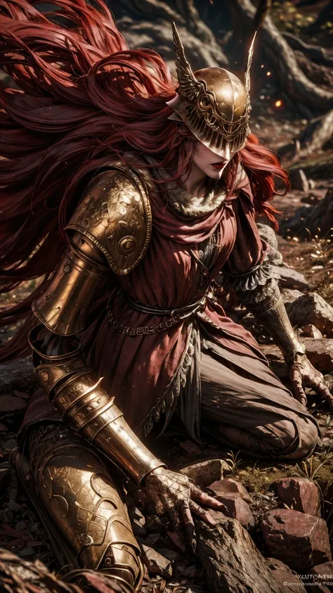 from above, high view shot, in the heart of elden ring, a young beautiful malenia, long red hair, blood hair, malenia's helmet, ...