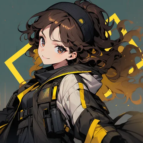 (well done:1) woman, short dark brown curly hair, black beanie, black eyes, black clothes with yellow details, white sweatshirt jacket over top, tactical boots, fingerless gloves, yellow tips in the hair.