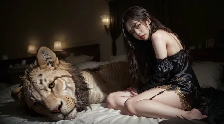 araffe her hair falling down her back ñ sitting on a bed in a sexy victorian dress with a stuffed lion and a woman, trending on ...