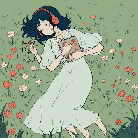 a cute girl lying on the grass in a meadow full of beautiful flowers, (medium grass:1.3), wireless headphone, simple, drawing, listening to music, Studio Ghibli style, grass sway to the side, ghibli studio inspired, whimsical, airy, calm, serene, chill, gh...