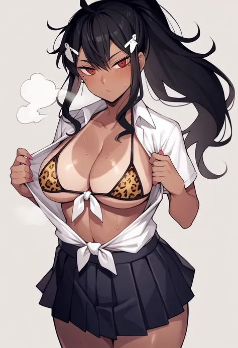 score_9, score_8_up, score_7_up, source_anime BREAK,helltaker,Mina Ashiro,BLACK HAIR, PONYTAIL, LONG HAIR, HAIR ORNAMENT, MOLE UNDER EYE, MOLE, RED EYES ,GYARU,TIED SHIRT,OPEN CLOTHES,BIKINI,,LEOPARD PRINT,(school uniform:1.3),1female,large breasts,tanline...