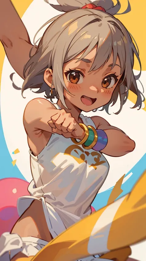 1 girl、Shortcuts、Gray Hair、She is 16 years old、Brown Skin、Wearing a white bikini、Beautiful brown eyes、Lean and muscular body、barefoot、Colorful Bracelets、Colorful anklets、Laugh brightly、Dance cheerfully、Upper body close-up