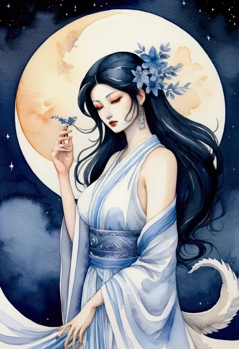 (table top, highest qualityの, highest quality, official art, (beautiful and aesthetic:1.4), (watercolor painting:1.4) ),  (Tsukiyami:1.5), Japanese mythology god々々々々々, dignified beauty, goddess of the moon、goddess of life、reincarnation support, God&#39;s g...