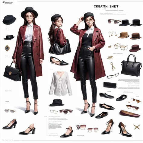 (((Create Detailed Design Sheet))), (there are no people, and no characters), (Front view, Side view, Diagonal view), ((elegant style items, bundle of clothes)), (Create detailed shoe gallery), ((multi-pair (high heels, female handbags, hats, glasses, sung...