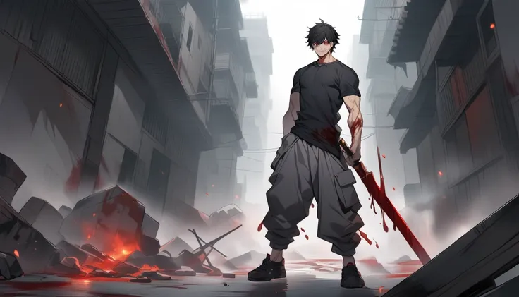 An anime man, short black hair, bloody face, red eyes, wearing gray baggy pants, tight black t-shirt, black shoes, black jacket. standing, full body, adult, slightly muscular body, chaotic scene, holding a great sword