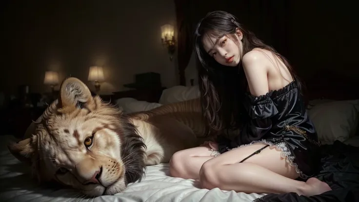 araffe her hair falling down her back sitting on a bed in a sexy victorian dress with a stuffed lion and a woman, trending on cg...