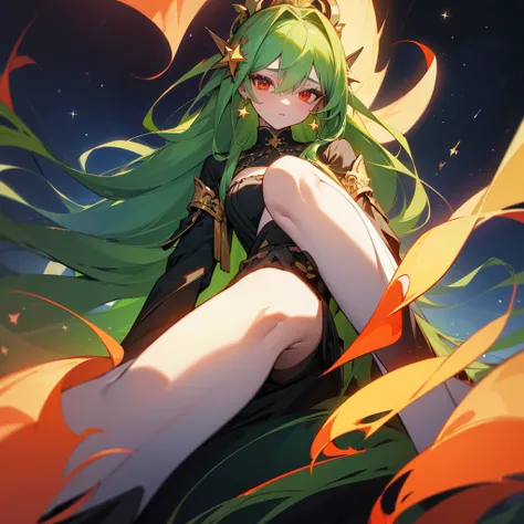 (masterpiece, best quality:1.2),solo,1girl,averting_eyes,earrings,hair_between_eyes,hair_ornament,jewelry,long_hair, earrings, Green_Hair, Red_Eyes, Pretty_Girl, Stars, full_body.