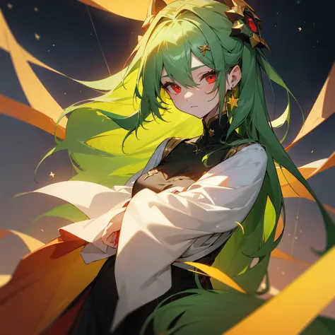 (masterpiece, best quality:1.2),solo,1girl,averting_eyes,earrings,hair_between_eyes,hair_ornament,jewelry,long_hair, earrings, Green_Hair, Red_Eyes, Pretty_Girl, Stars, full_body.