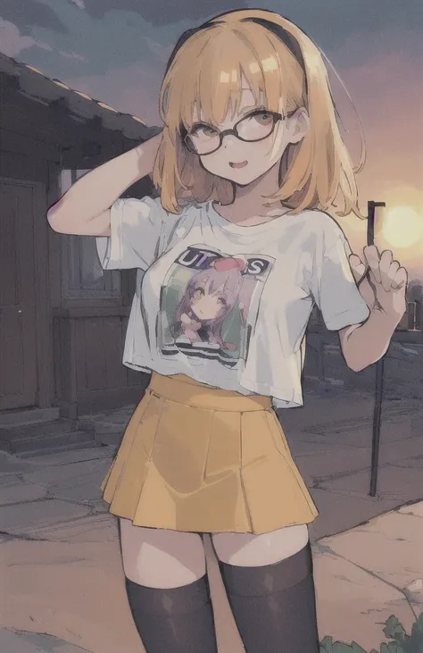 (((best quality)), ((ultra detailed)), ((masterpiece)), illustration,(oasis)
Girl, 18 year old woman, medium breasts, T-shirt mojada, clear skin, grabbing hair, with square lenses, look forward, Sunset, T-shirt, mini skirt, thigh high stockings. 