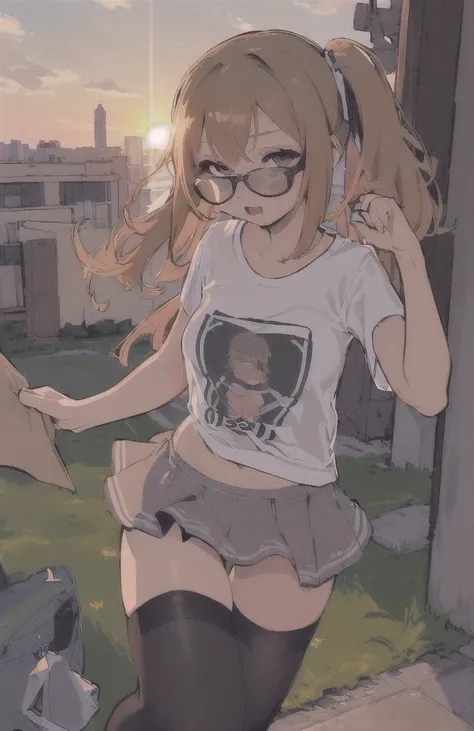 (((best quality)), ((ultra detailed)), ((masterpiece)), illustration,(oasis)
Girl, 18 year old woman, medium breasts, T-shirt mojada, clear skin, grabbing hair, with square lenses, look forward, Sunset, T-shirt, mini skirt, thigh high stockings. 