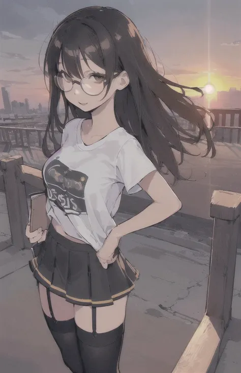 (((best quality)), ((ultra detailed)), ((masterpiece)), illustration,(oasis)
Girl, 18 year old woman, medium breasts, T-shirt mojada, clear skin, grabbing hair, with square lenses, look forward, Sunset, T-shirt, mini skirt, thigh high stockings. 