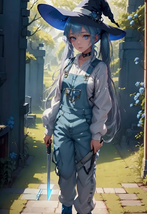 a girl with twin tails wearing a white shirt + blue overalls, witch hat, holding a sci-fi scythe, standing in ancient ruins surrounded by flowers, intricate details, cinematic lighting, fantasy, anime style, 8k, high quality, dynamic scene