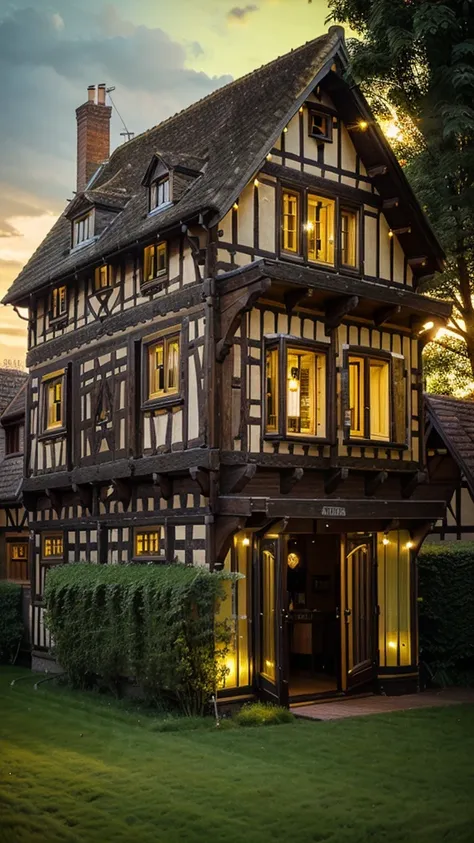 Reproduce a simple, well-lit half-timbered house (yellow lights) facing the front, 19th century building with glass partitions on a field of green grass.