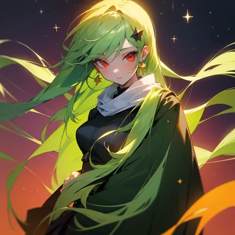 (masterpiece, best quality:1.2),solo,1girl,averting_eyes,earrings,hair_between_eyes,hair_ornament,jewelry,long_hair, earrings, Green_Hair, Red_Eyes, Pretty_Girl, Stars, full_body.