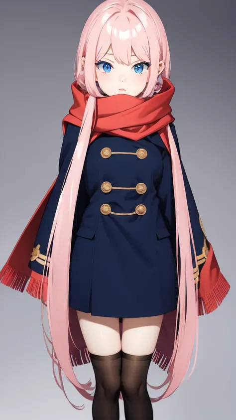 Full length anime girl, White background. young girl, With a cute face, large bright blue eyes and light smooth skin. pink hair, collected in a neat hairstyle, with small stray strands. The girl is dressed in a blue winter coat and a red scarf with black v...