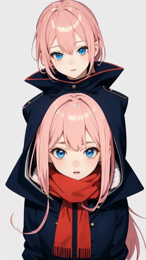 Full length anime girl, White background. young girl, With a cute face, large bright blue eyes and light smooth skin. pink hair, collected in a neat hairstyle, with small stray strands. The girl is dressed in a blue winter coat and a red scarf with black v...