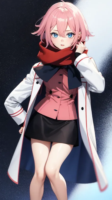 Full length anime girl, White background. young girl, With a cute face, large bright blue eyes and light smooth skin. pink hair, collected in a neat hairstyle, with small stray strands. The girl is dressed in a blue winter coat and a red scarf with black v...