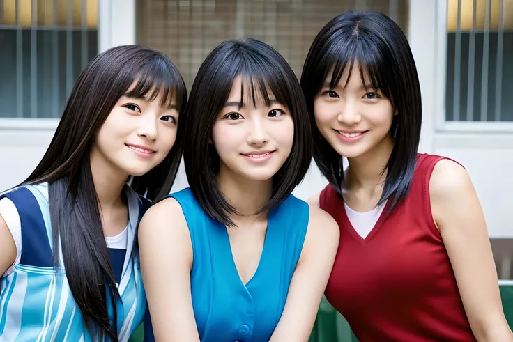 Very detailed　super high quality　super high quality　Surreal　photograph　Three Japanese Girls　Very detailed　(Each girl has a different hairstyle randomly、A different face:1.3) 　smile　Fair skin　16 years old　((Half-open lips:1.3))　Beautiful and soft skin　((Bea...