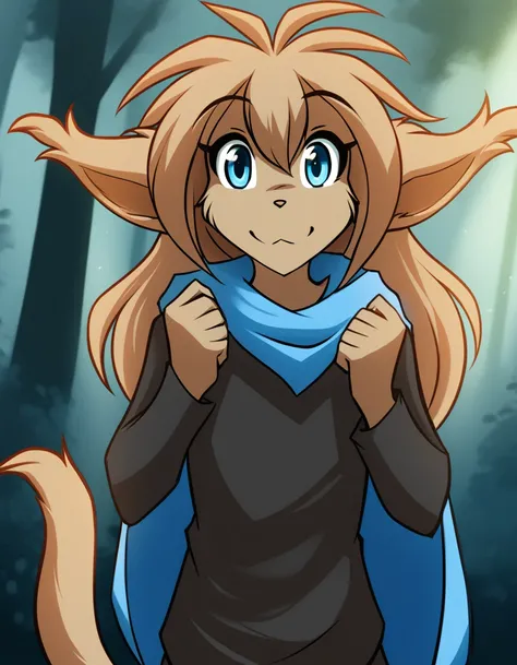 solo, tkmadelyn, basitin, mammal, pantherine, madelyn_(twokinds) , madelyn_adelaide, twokinds, solo, furry female anthro, BLUE eyes, LONG hair, light brown hair, portrait, fingers, finger claws, looking at viewer, tail, ear raised, (outdoors dark forest tr...