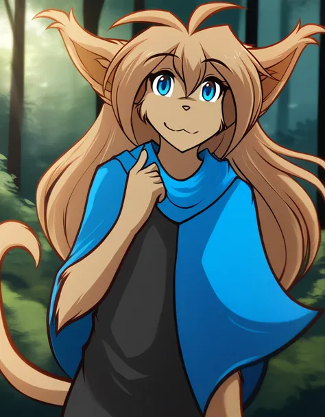 solo, tkmadelyn, basitin, mammal, pantherine, madelyn_(twokinds) , madelyn_adelaide, twokinds, solo, furry female anthro, BLUE eyes, LONG hair, light brown hair, portrait, fingers, finger claws, looking at viewer, tail, ear raised, (outdoors dark forest tr...