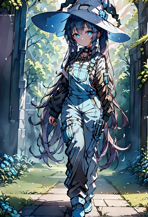 a girl with twin tails wearing a white shirt + blue overalls, witch hat, holding a sci-fi scythe, standing in ancient ruins surrounded by flowers, intricate details, cinematic lighting, fantasy, anime style, 8k, high quality, dynamic scene