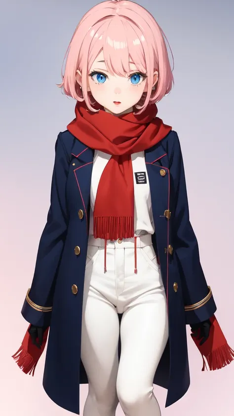 Full length anime girl, White background. young girl, With a cute face, large bright blue eyes and light smooth skin. pink hair, collected in a neat hairstyle, with small stray strands. The girl is dressed in a blue winter coat and a red scarf with black v...