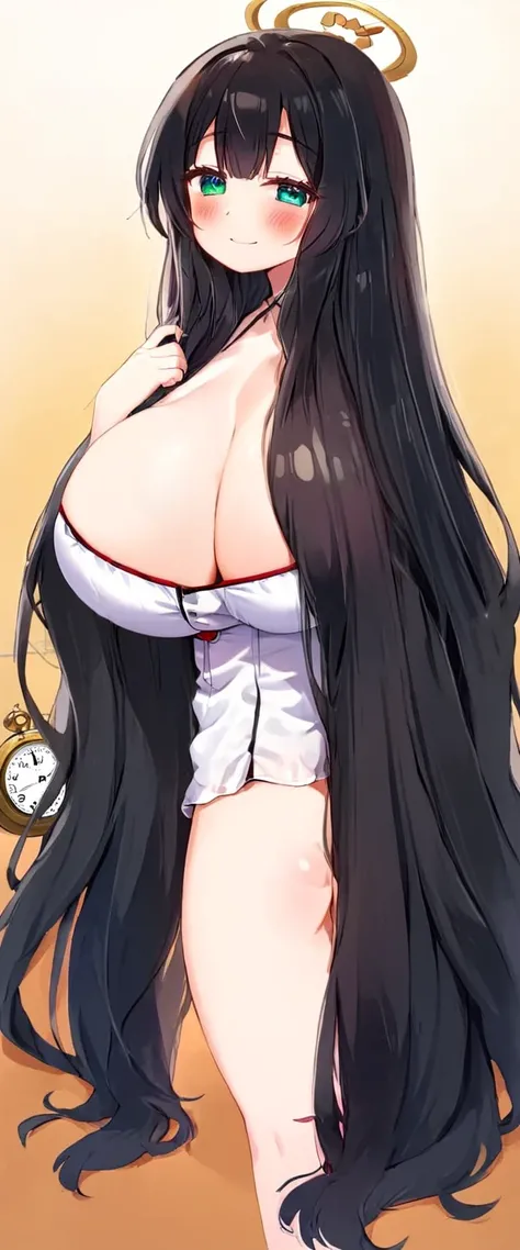 cute girl, super long hair, black hair, big hair, thick hair, big breasts, big butt, hourglass body, emphasis on hair, emphasis on eyes, emphasis on face, blush, smile, 