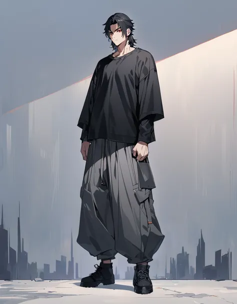 A anime man, black short hair, mullet haircut split in the middle, red eye, wearing a gray baggy pants, black Tight T-shirt , wearing a black shoe, wearing a black jacket. standing, full body, adult, slightly muscular body, blank scenery, holding a great s...