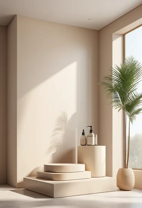 3D rendering of a podium for product demonstration, interior of a modern house in the background, calm beige colors, dayligh