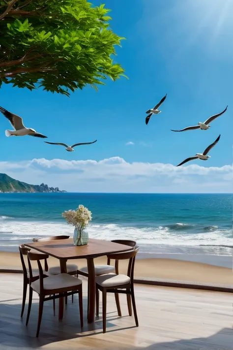 (Highest quality,4K,8k,High resolution,Tabletop:1.2),Very detailed,(Realistic,Realistic,Photorealistic:1.37),blue sky,Baiyun,Birds in the distance,big,Vast image,Vision,landscape,Ocean Waves,peaceful,quiet,fresh air,Serene atmosphere,Soft sunlight,breeze,S...