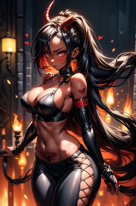 masterpiece, super detailed, high resolution, precision art, highly seductive anime girl. sexy and alluring, flawless dark red demonic skin, succubus, symmetrical face, beautiful olive eyes, flowing black hair, her very presence oozes seduction and allure,...