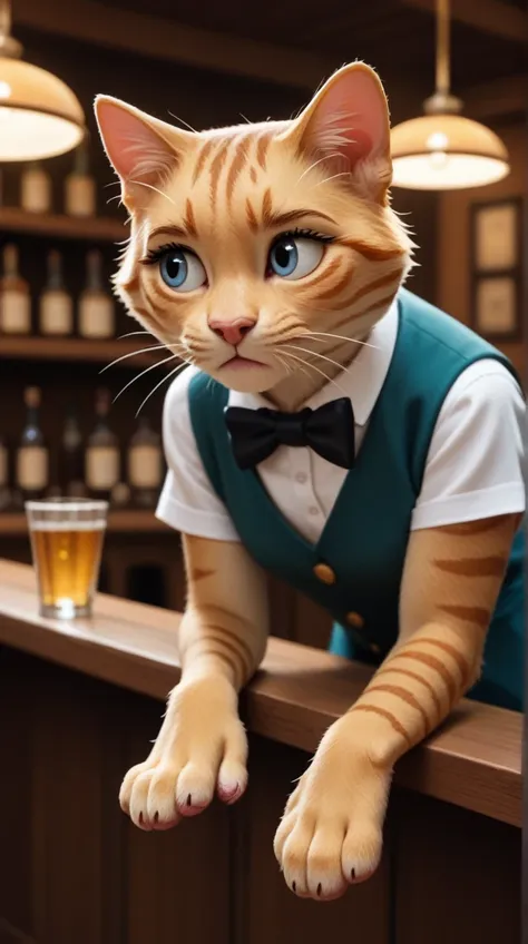 gold scottish fold cat, still slumped over the bar counter, with a tabby cat bartender wearing a vest and bow tie, looking conce...