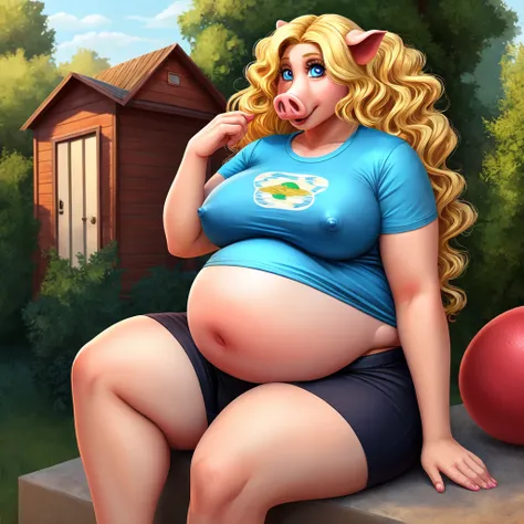 ((Best quality)), ((masterpiece)), (detailed), pig, pig girl, furry pig, big body, большой body, is sitting, smooth belly, shorts, серые shorts, T-shirt, View from afar, long hair, blonde hair, Beautiful face, skinny face, age 45, voluminous hair , curly h...