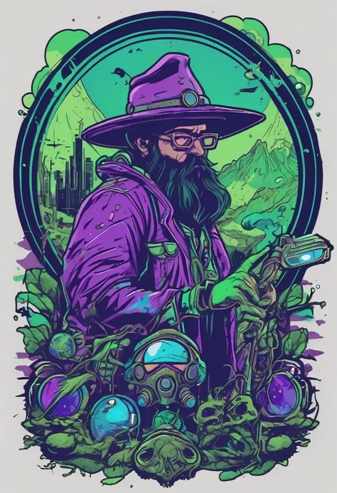 t shirt design, sticker, a blue and purple and green and ben mauro in a postapocalyptic in the style of immense, casting a protection spell, 