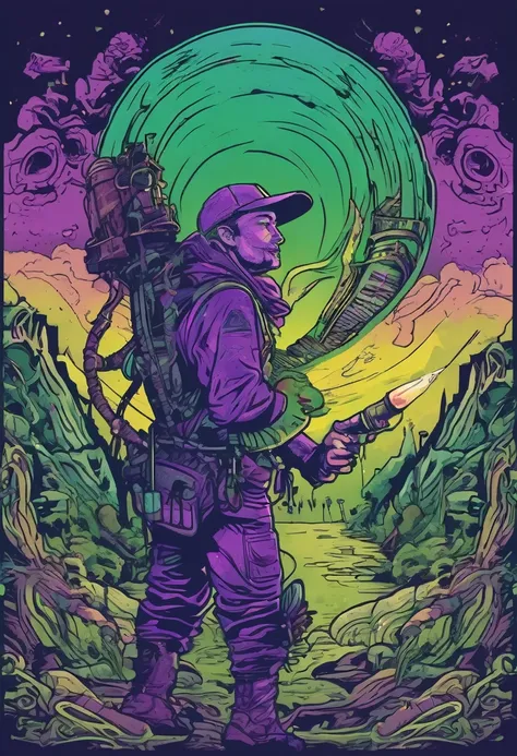 t shirt design, sticker, a blue and purple and green and ben mauro in a postapocalyptic in the style of immense, casting a protection spell, 