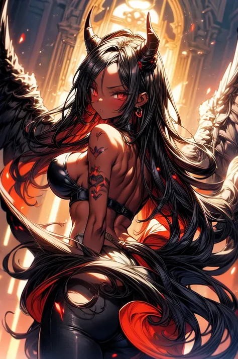 masterpiece, super detailed, high resolution, precision art, highly seductive anime girl. sexy and alluring, flawless dark red demonic skin, succubus, symmetrical face, beautiful olive eyes, flowing black hair, her very presence oozes seduction and allure,...