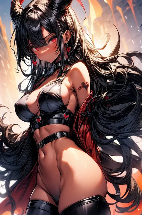 masterpiece, super detailed, high resolution, precision art, highly seductive anime girl. sexy and alluring, flawless dark red demonic skin, succubus, symmetrical face, beautiful olive eyes, flowing black hair, her very presence oozes seduction and allure,...