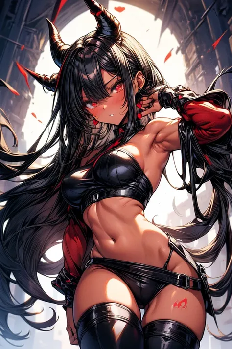 masterpiece, super detailed, high resolution, precision art, highly seductive anime girl. sexy and alluring, flawless dark red demonic skin, succubus, symmetrical face, beautiful olive eyes, flowing black hair, her very presence oozes seduction and allure,...