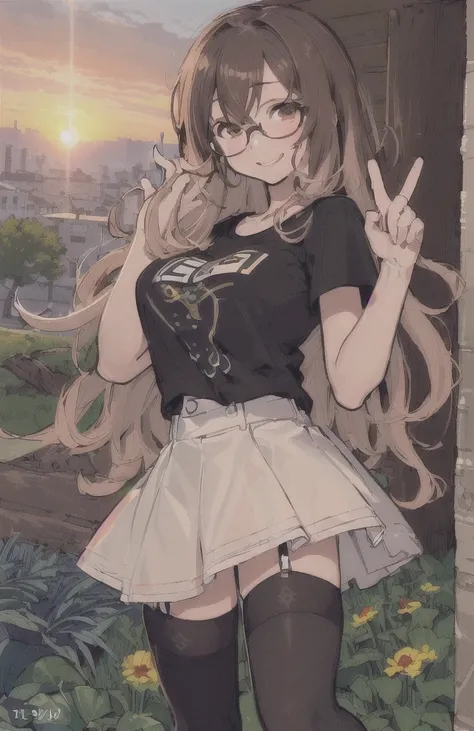 (((best quality)), ((ultra detailed)), ((masterpiece)), illustration,(oasis)
Girl, 18 year old woman, medium breasts, T-shirt mojada, clear skin, grabbing hair, with square lenses, look forward, Sunset, T-shirt, mini skirt, thigh high stockings. wavy hair,...