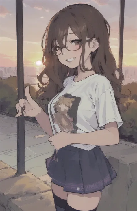 (((best quality)), ((ultra detailed)), ((masterpiece)), illustration,(oasis)
Girl, 18 year old woman, medium breasts, T-shirt mojada, clear skin, grabbing hair, with square lenses, look forward, Sunset, T-shirt, mini skirt, thigh high stockings. wavy hair,...