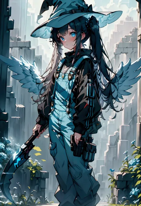 a girl with twin tails wearing a white shirt + blue overalls, witch hat, holding a sci-fi scythe, angel wings, standing in ancient ruins surrounded by flowers, intricate details, cinematic lighting, fantasy, anime style, 8k, high quality, dynamic scene, do...